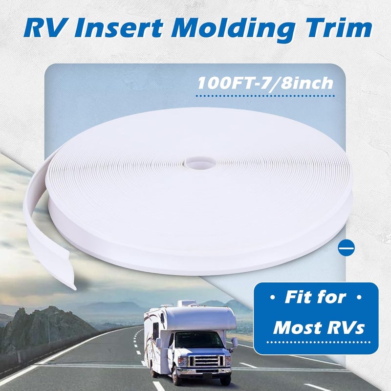 SoCiMa 7/8" RV Trim Molding Insert with Flat Metal End Caps, RV Screw Cover Trim, Vinyl RV Corner Molding, Weather Stripping Roof Gutter Trim Exterior for RV Camper Travel Trailer (White, 100FT - 7/8") - Image 2